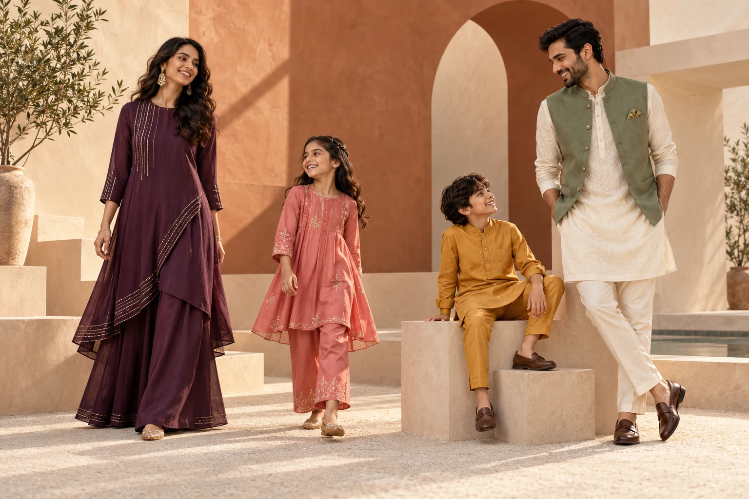 Contemporary Indian style inspiration: women, men and kids in plum, ivory, sage and saffron coordinated outfits.
